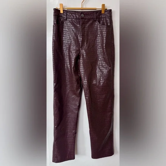 Dynamite| Dark Chocolate Brown Faux Leather Croc Print Straight Leg Pants Sz 6 - Picture 2 of 5